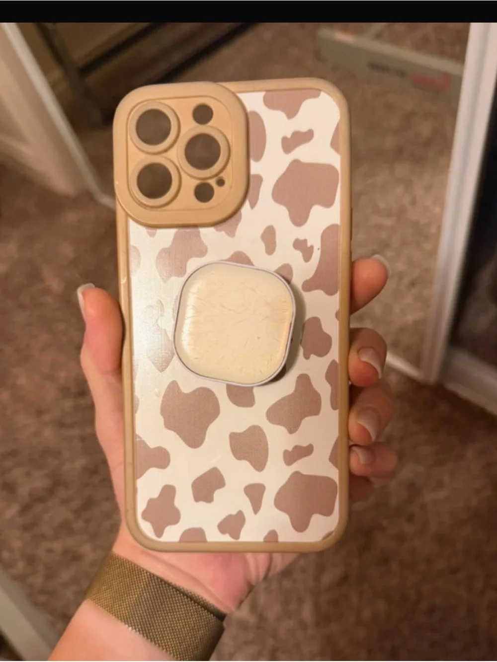 Stylish Beige Cow Print Phone Case with Pop Grip iphone 13 pro max
